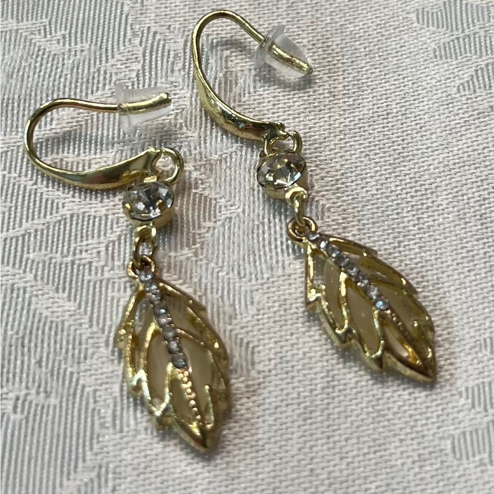 Gold Leaf Dangle Wire Earrings with Rhinestones in Filigree Setting - Picture 2 of 5